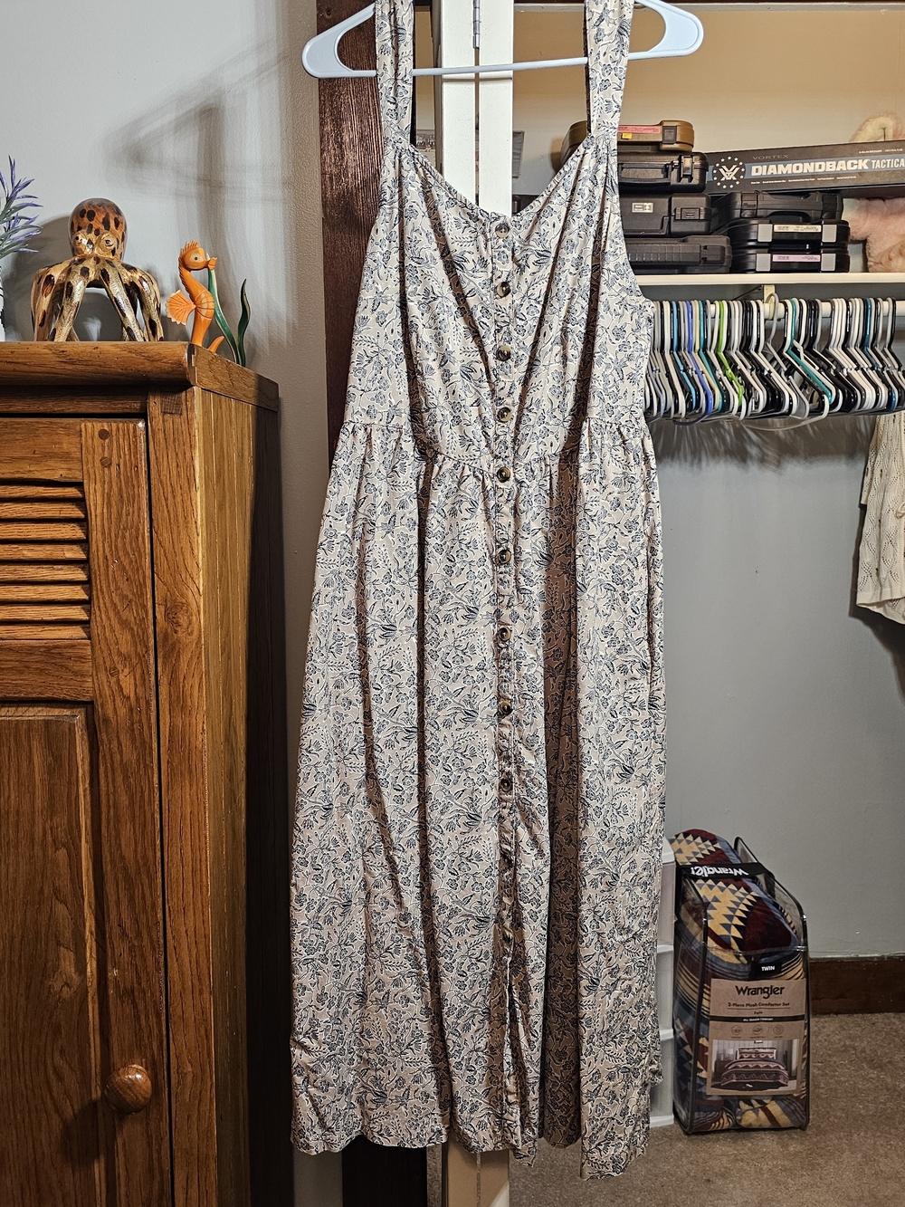 a.n.a Cream and Blue Floral Button-Front Midi Dress